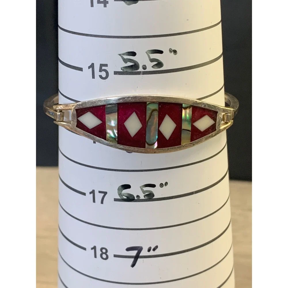 Vintage Alpaca Mexico Abalone Mother of Pearl Inlay Red Bangle Bracelet 6.5in